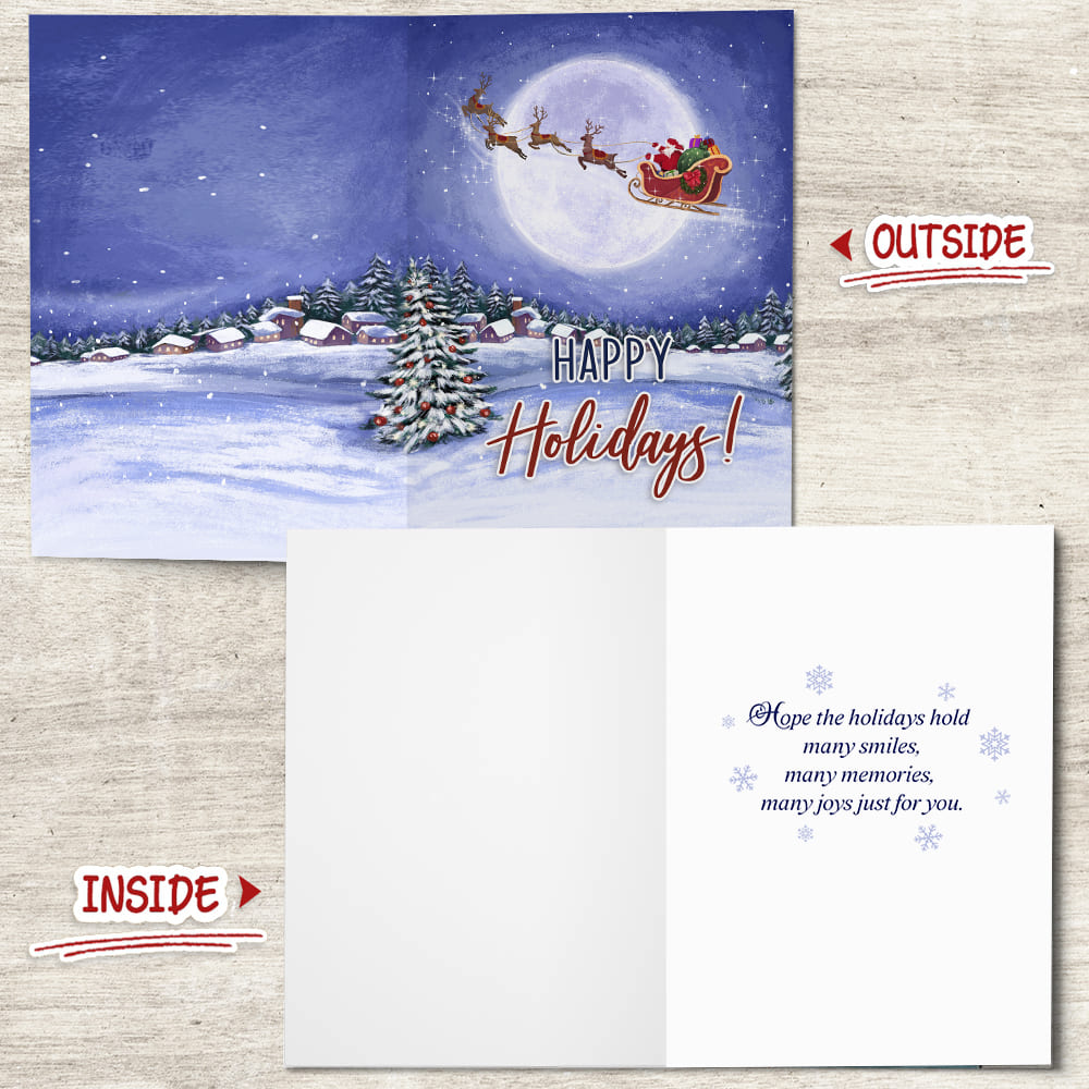 Moonlight Santa Sleigh Happy Holidays Folded Card