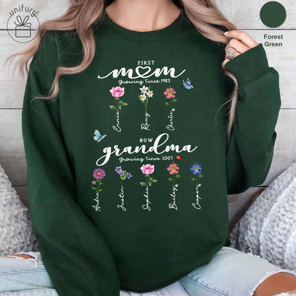 First Mom Now Grandma - Birth Flower Sign - Sleeve Printed Standard Sweatshirt For Grandma, Dog Cat Lovers
