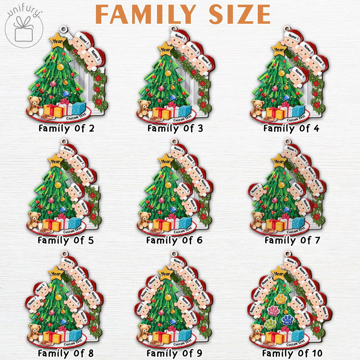 Personalized Peeking Family With Pets Christmas Wooden Ornament