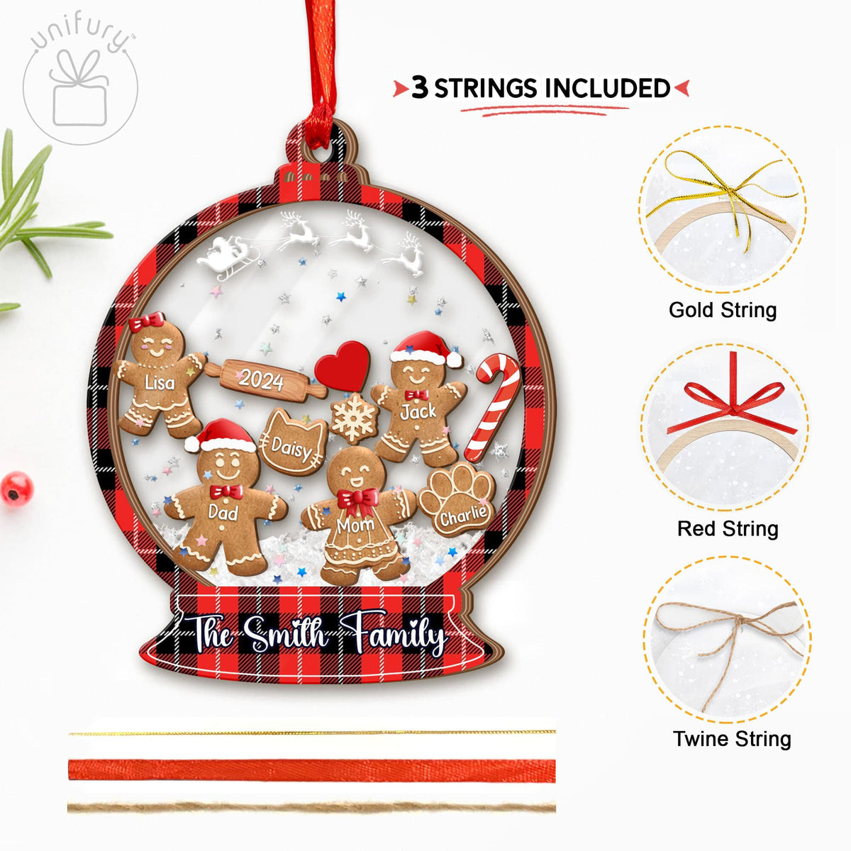 Personalized Shaker Ornament With Gingerbread Family and Pets - 4D Shake Ornament