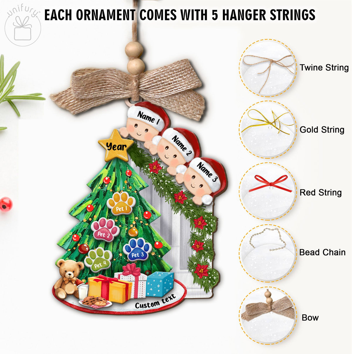 Personalized Peeking Family With Pets Christmas Wooden Ornament