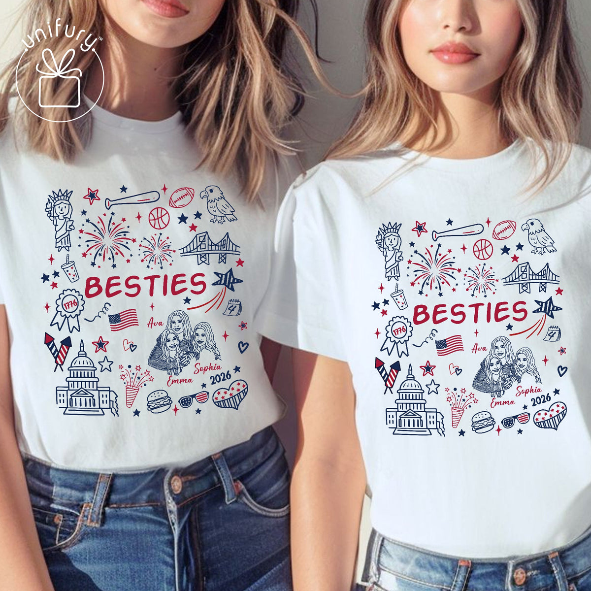 Custom 4th of July Besties Face Line-art T-shirt - Comfort Colors 1717 - Independence Day Gifts - Best Friend Gifts
