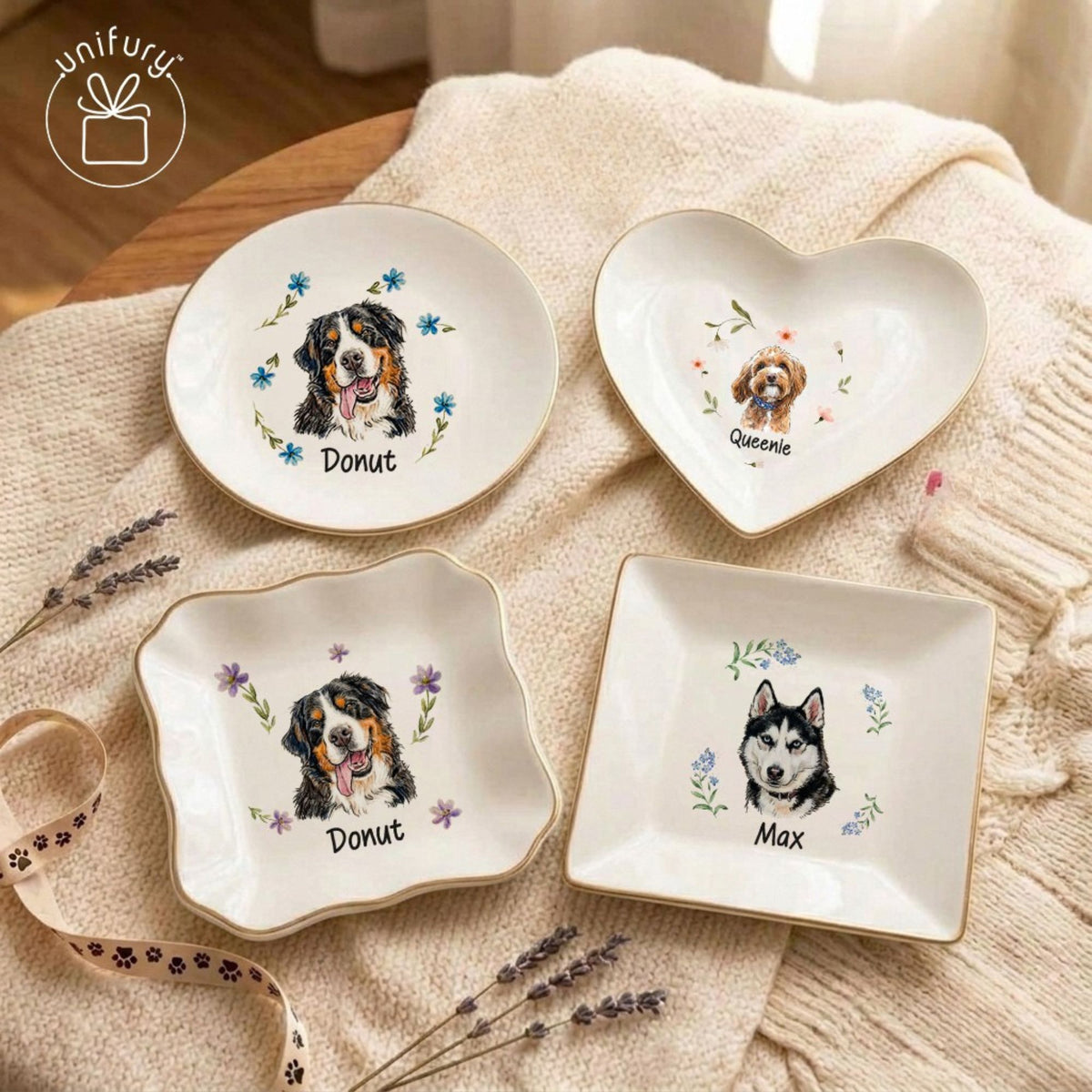 Custom Flower Pet Portrait Ceramic Ring Dish - Personalized Floral Photo Jewelry Tray - Gifts For Dog Cat Lovers