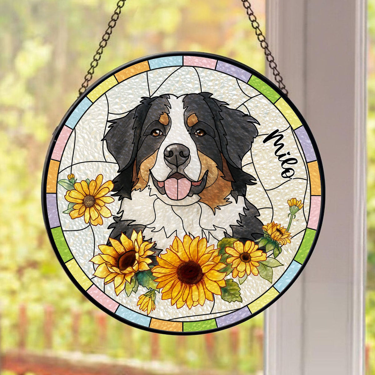 Custom Hand-drawn Pet Portrait Stained Glass Window Hanging Suncatcher - Memorial Gift For Pet Lovers