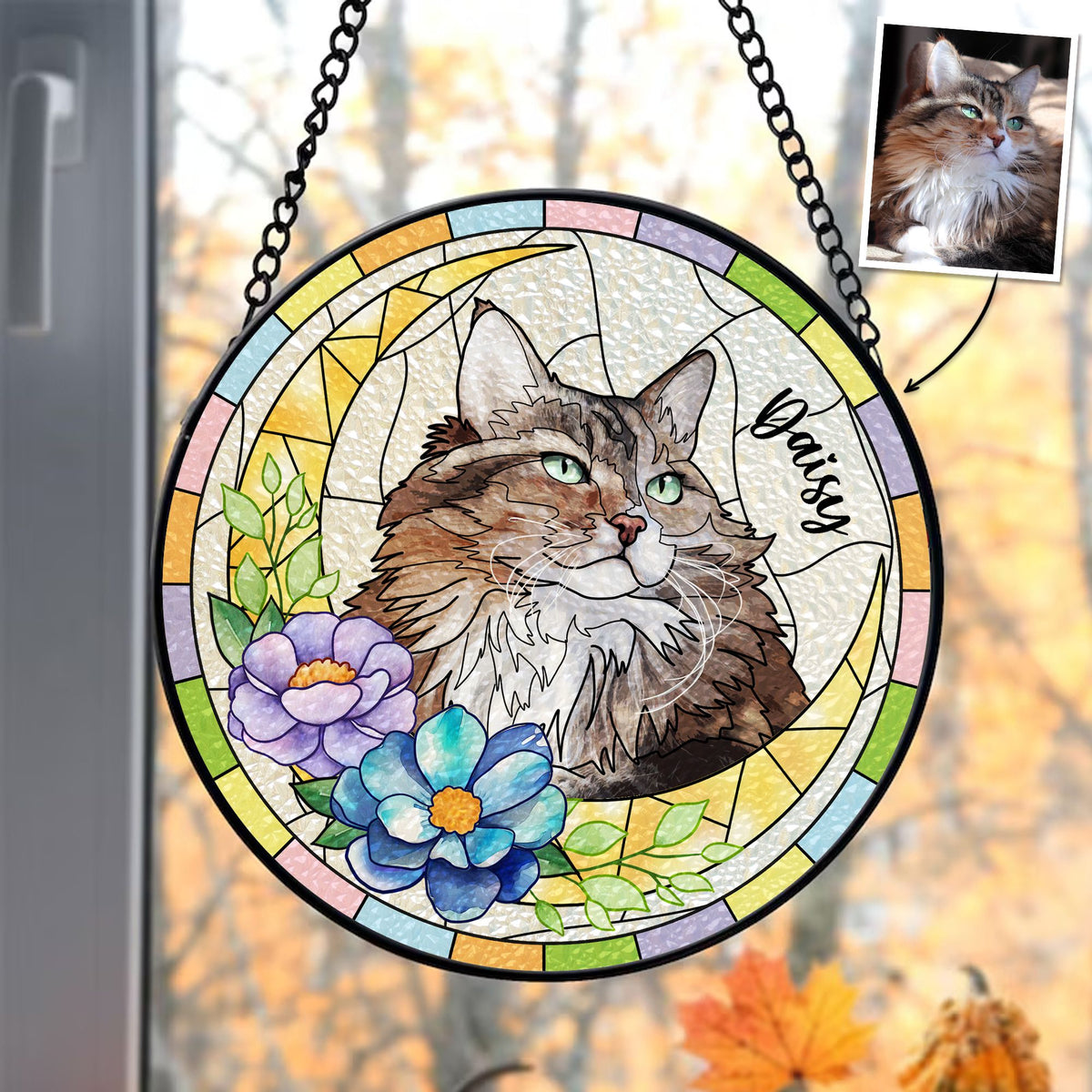 Custom Hand-drawn Pet Portrait Stained Glass Window Hanging Suncatcher - Memorial Gift For Pet Lovers