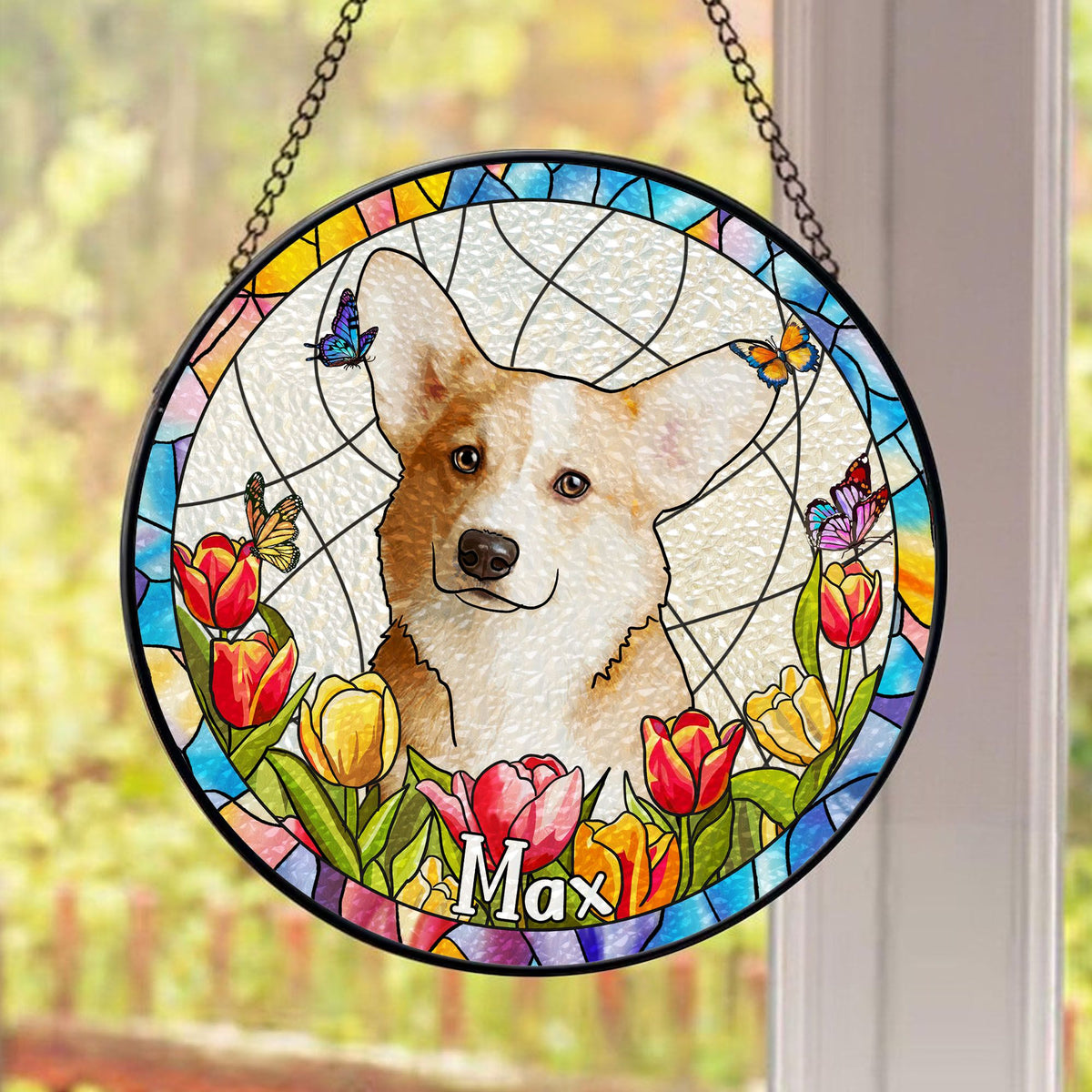 Custom Hand-drawn Pet Portrait Floral Stained Glass Window Hanging Suncatcher - Sympathy Gift For Pet Lovers