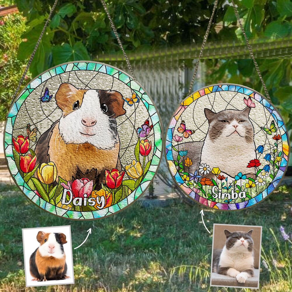 Custom Hand-drawn Pet Portrait Floral Stained Glass Window Hanging Suncatcher - Sympathy Gift For Pet Lovers