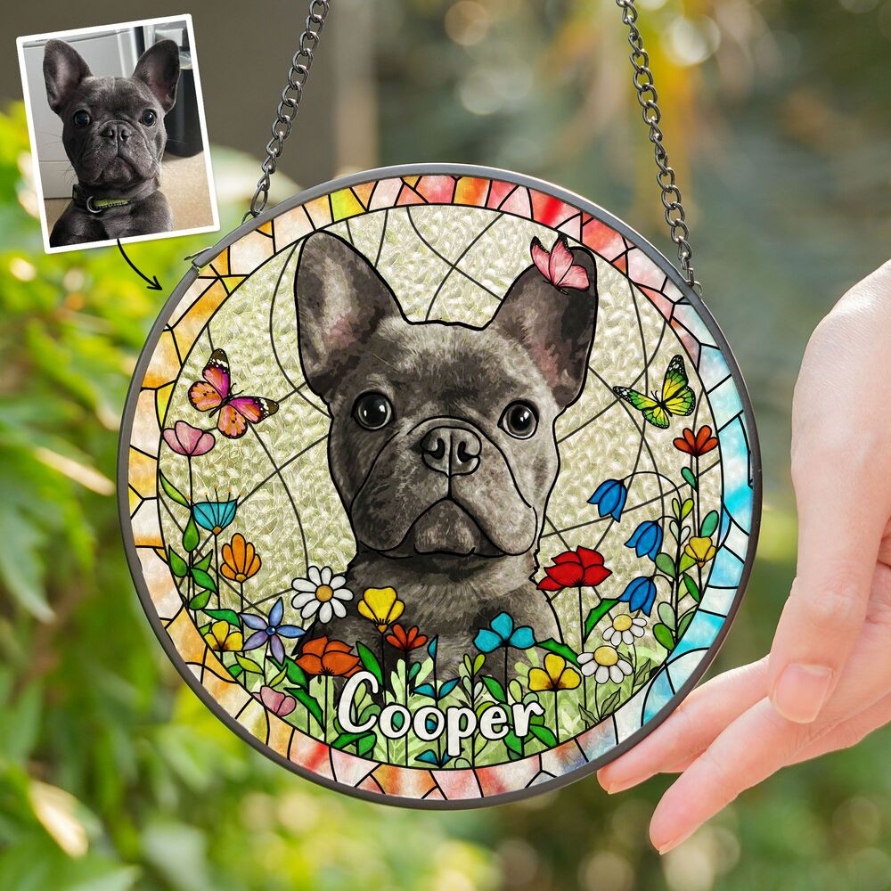 Custom Hand-drawn Pet Portrait Floral Stained Glass Window Hanging Suncatcher - Sympathy Gift For Pet Lovers