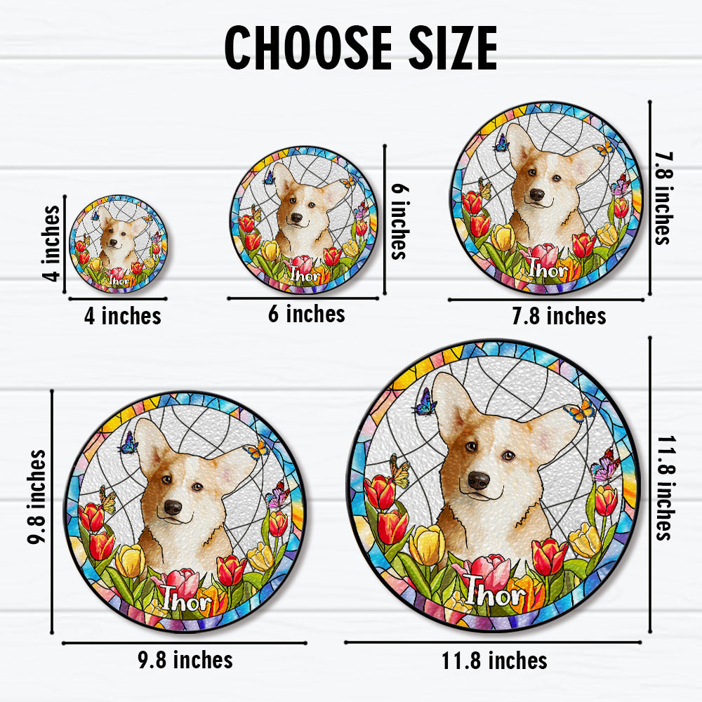 Custom Hand-drawn Pet Portrait Floral Stained Glass Window Hanging Suncatcher - Sympathy Gift For Pet Lovers