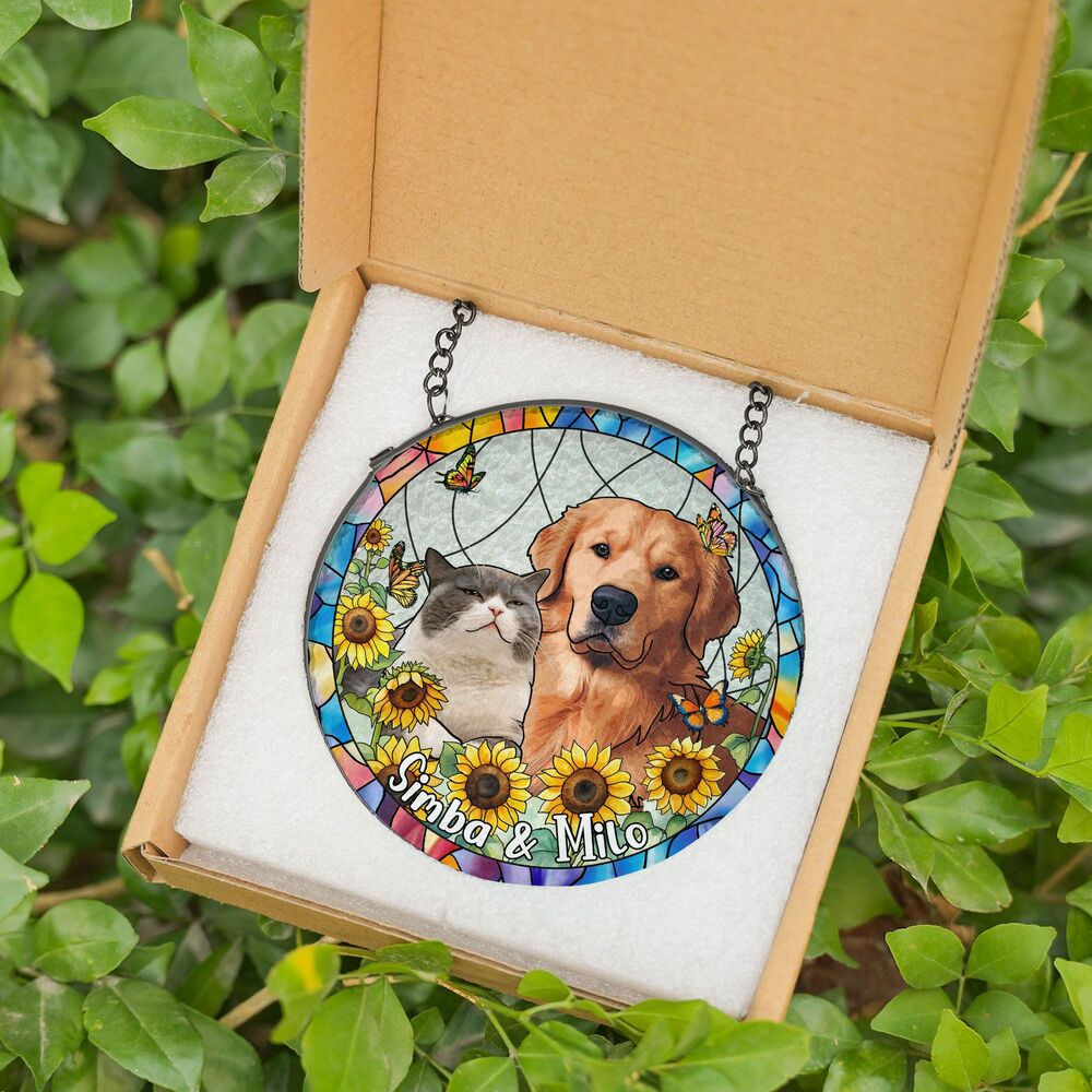 Custom Hand-drawn Pet Portrait Floral Stained Glass Window Hanging Suncatcher - Sympathy Gift For Pet Lovers