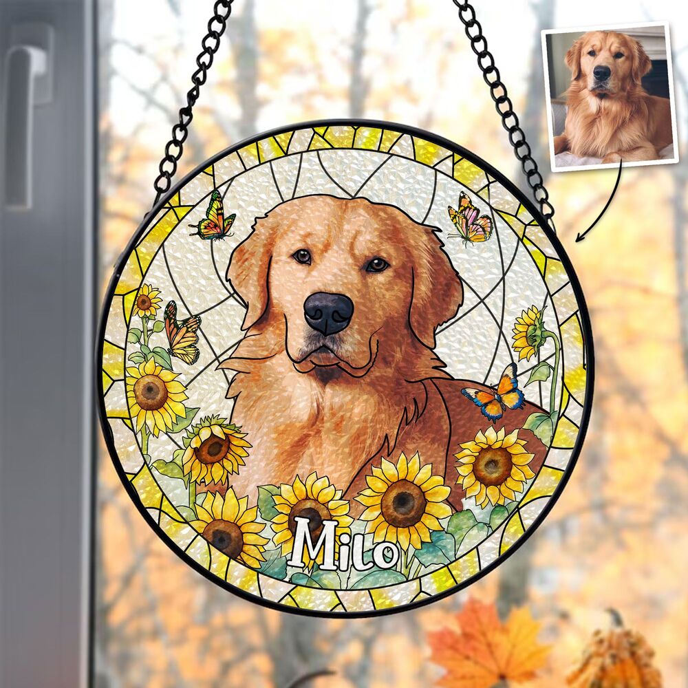 Custom Hand-drawn Pet Portrait Floral Stained Glass Window Hanging Suncatcher - Sympathy Gift For Pet Lovers