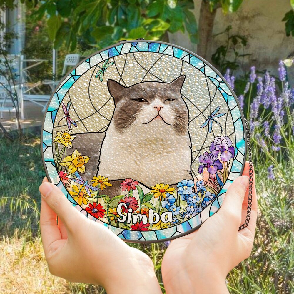 Custom Hand-drawn Pet Portrait Floral Stained Glass Window Hanging Suncatcher - Sympathy Gift For Pet Lovers