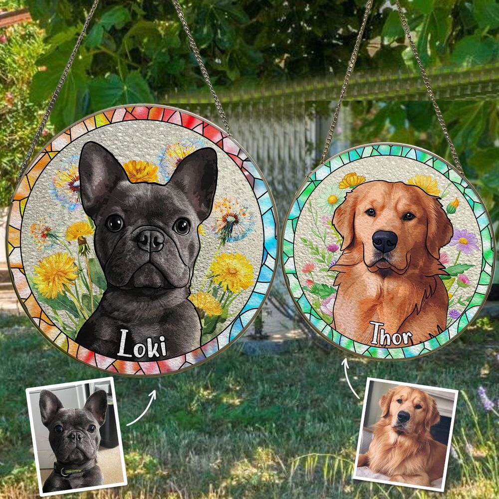 Custom Hand-drawn Pet Portrait Floral Stained Glass Window Hanging Suncatcher - Sympathy Gift For Pet Owners