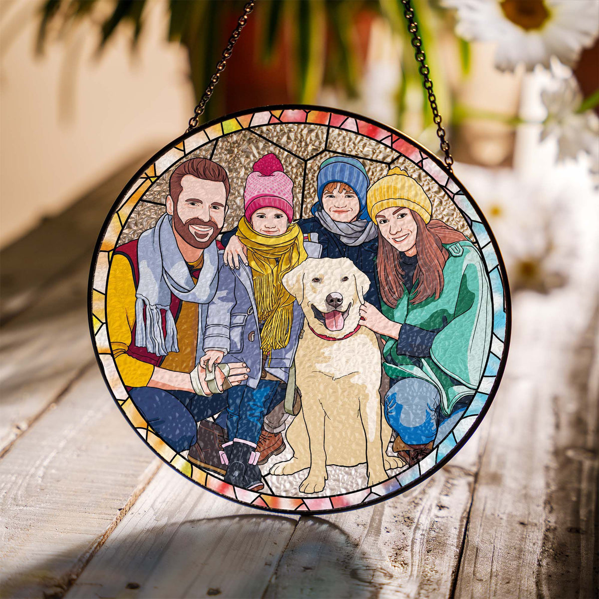 Custom Hand-drawn Family Pet Portrait Floral Stained Glass Window Hanging Suncatcher
