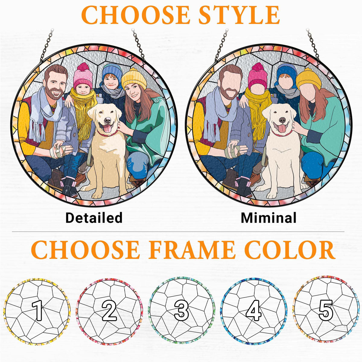 Custom Hand-drawn Family Pet Portrait Floral Stained Glass Window Hanging Suncatcher