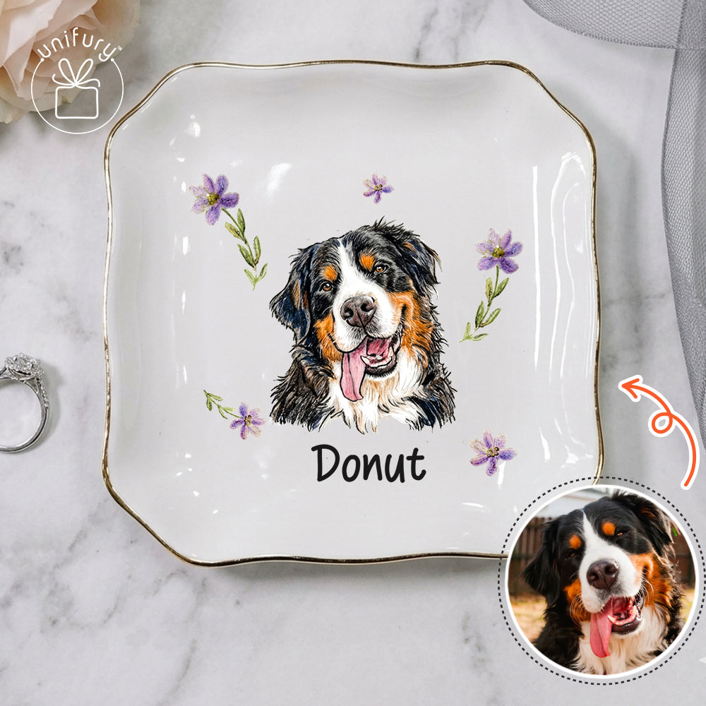 Custom Flower Pet Portrait Ceramic Ring Dish - Personalized Floral Photo Jewelry Tray - Gifts For Dog Cat Lovers