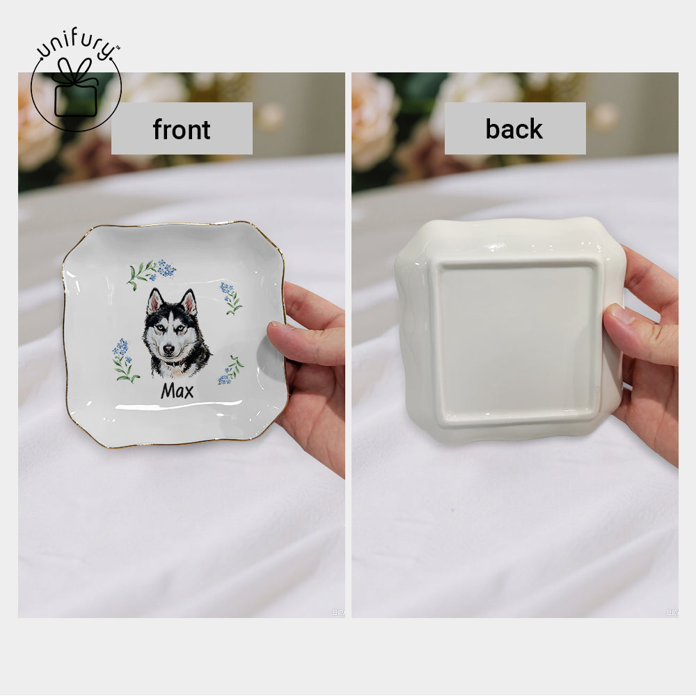 Custom Flower Pet Portrait Ceramic Ring Dish - Personalized Floral Photo Jewelry Tray - Gifts For Dog Cat Lovers