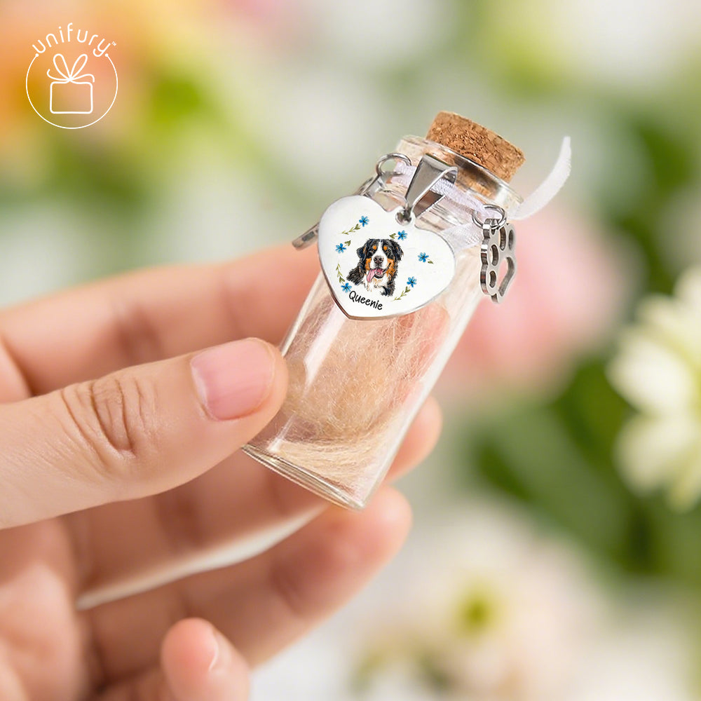 Custom Flower Pet Portrait Memorial Glass Pet Fur Jar - Custom Floral Photo Pet Hair Keepsake Bottle - Memorial Gifts For Pet Lovers