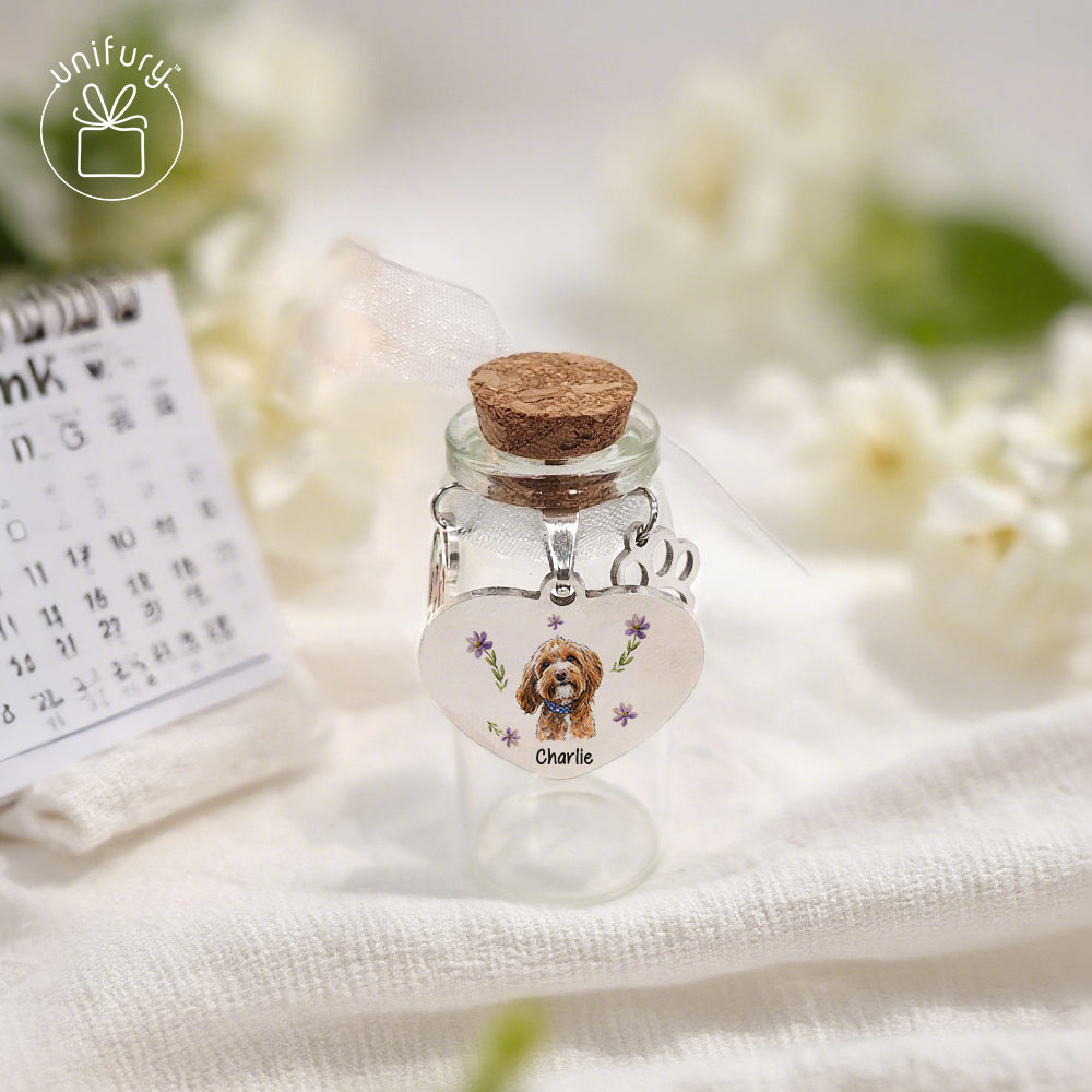 Custom Flower Pet Portrait Memorial Glass Pet Fur Jar - Custom Floral Photo Pet Hair Keepsake Bottle - Memorial Gifts For Pet Lovers