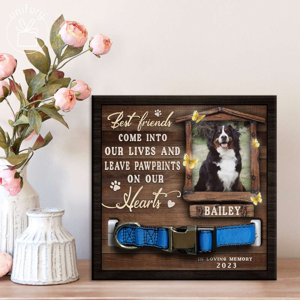 Pawprints On Our Hearts Personalized Memorial Wooden Pet Collar Frame