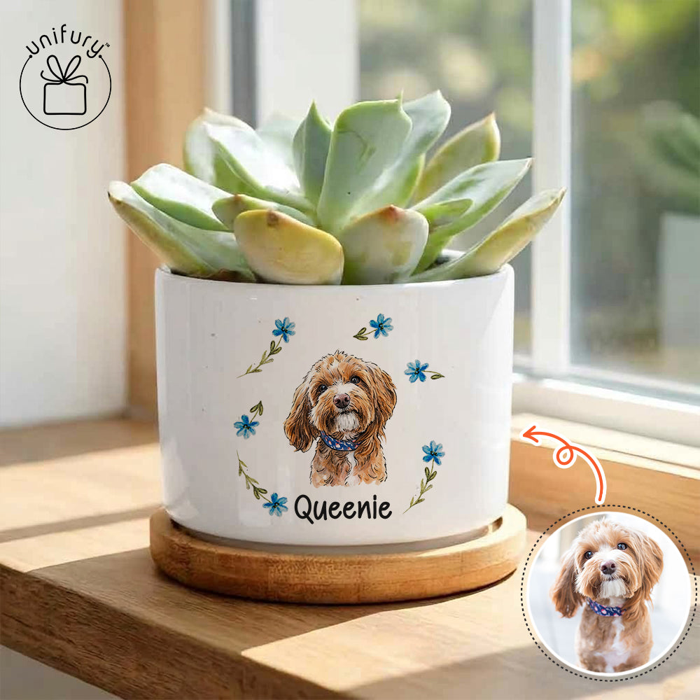 Custom Flower Pet Portrait Ceramic Plant Pot With Bamboo Tray - Custom Floral Photo Pots For Plants  - Gifts For Dog Cat Lovers