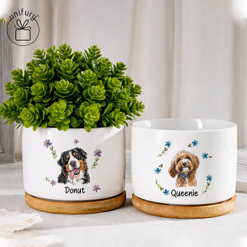 Custom Flower Pet Portrait Ceramic Plant Pot With Bamboo Tray - Custom Floral Photo Pots For Plants  - Gifts For Dog Cat Lovers