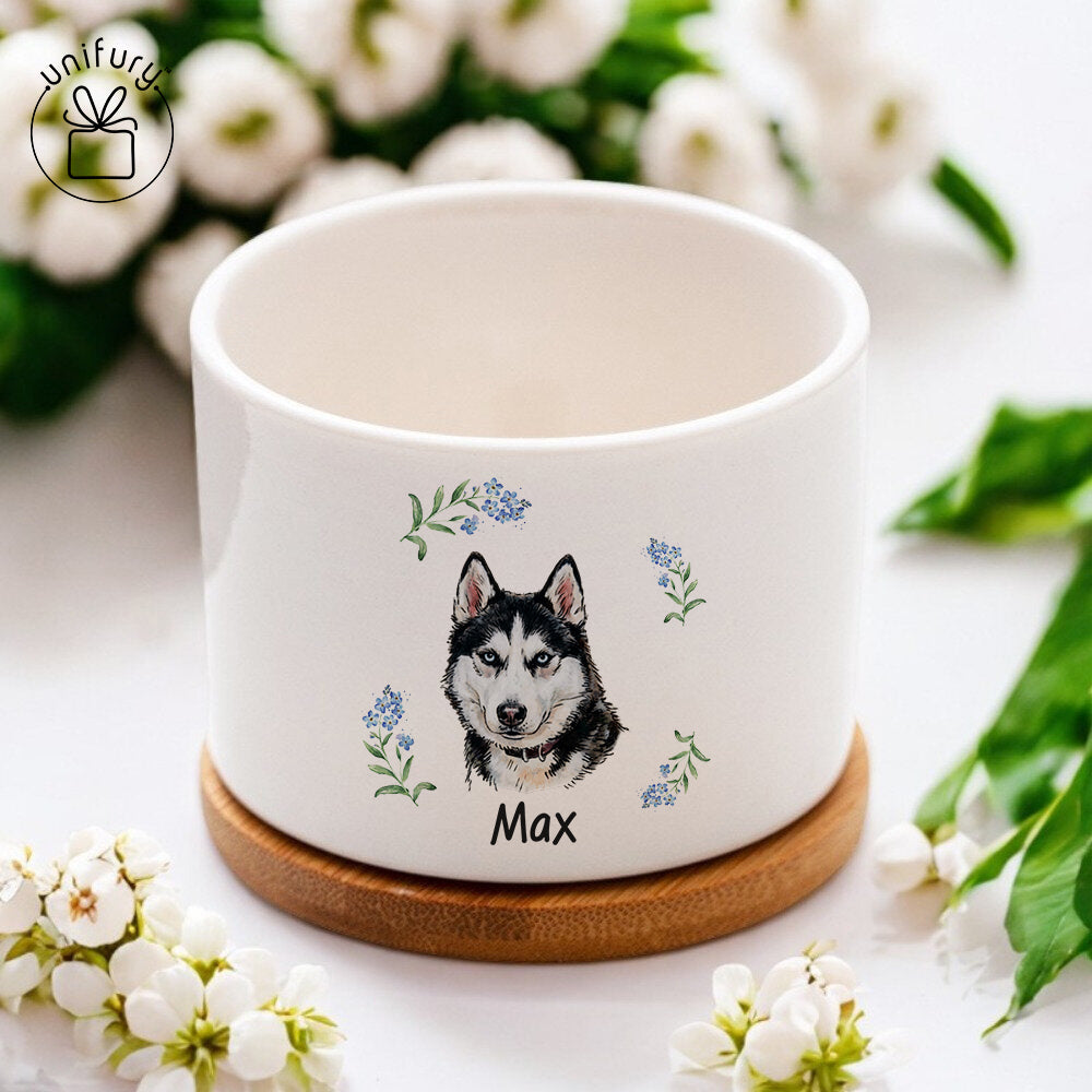 Custom Flower Pet Portrait Ceramic Plant Pot With Bamboo Tray - Custom Floral Photo Pots For Plants  - Gifts For Dog Cat Lovers