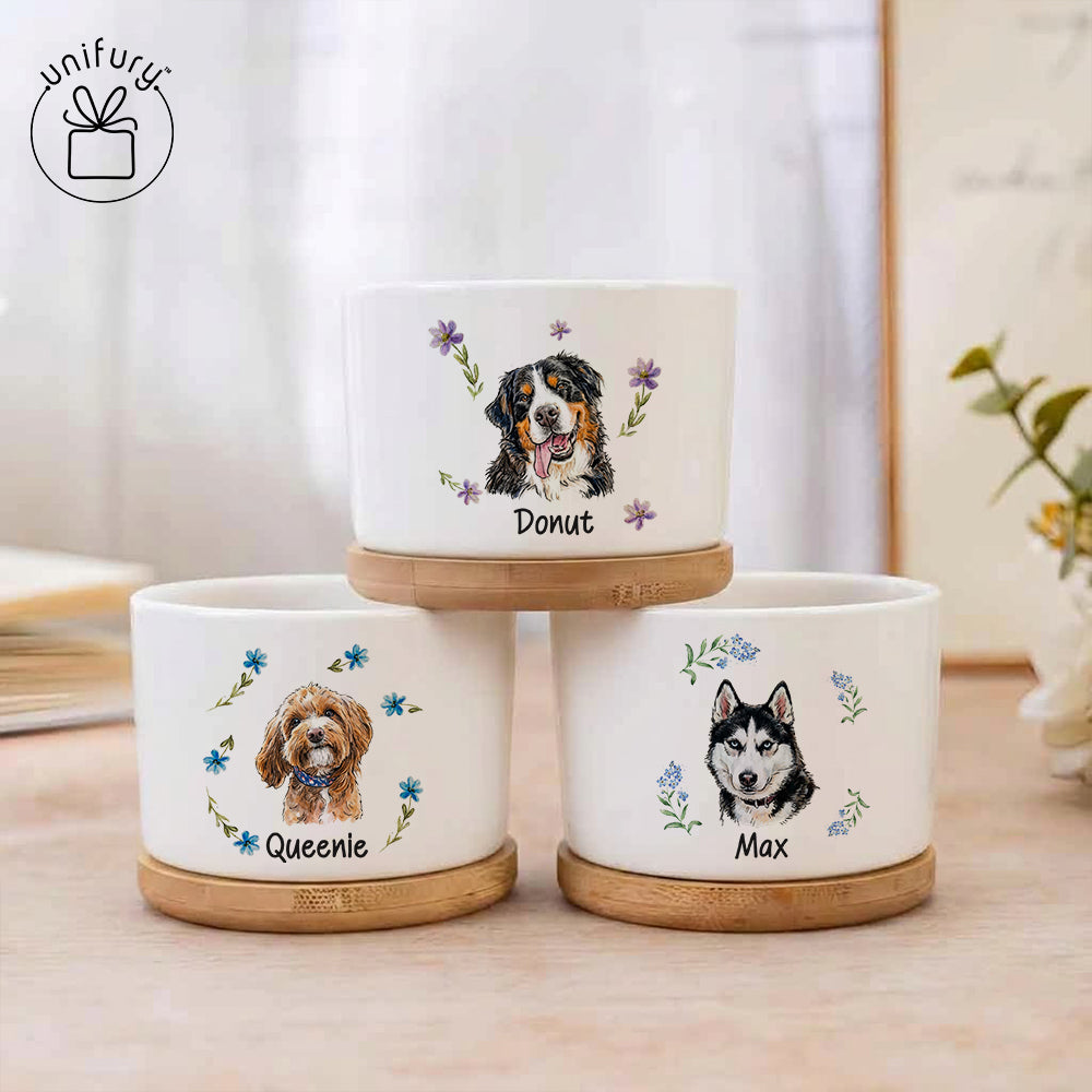Custom Flower Pet Portrait Ceramic Plant Pot With Bamboo Tray - Custom Floral Photo Pots For Plants  - Gifts For Dog Cat Lovers