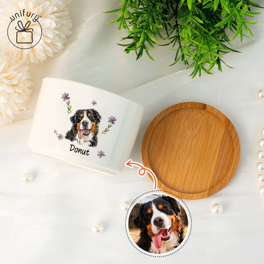 Custom Flower Pet Portrait Ceramic Plant Pot With Bamboo Tray - Custom Floral Photo Pots For Plants  - Gifts For Dog Cat Lovers