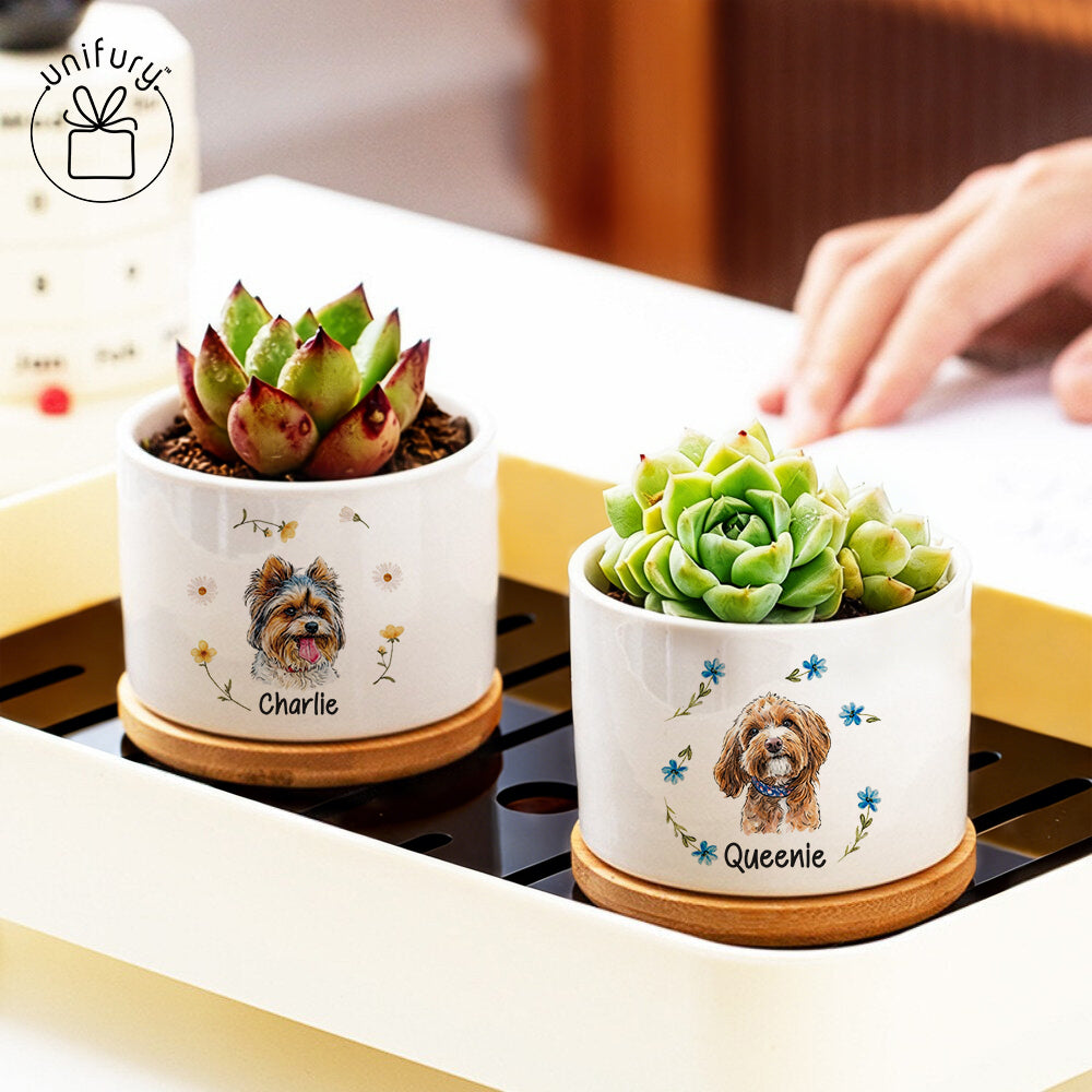 Custom Flower Pet Portrait Ceramic Plant Pot With Bamboo Tray - Custom Floral Photo Pots For Plants  - Gifts For Dog Cat Lovers