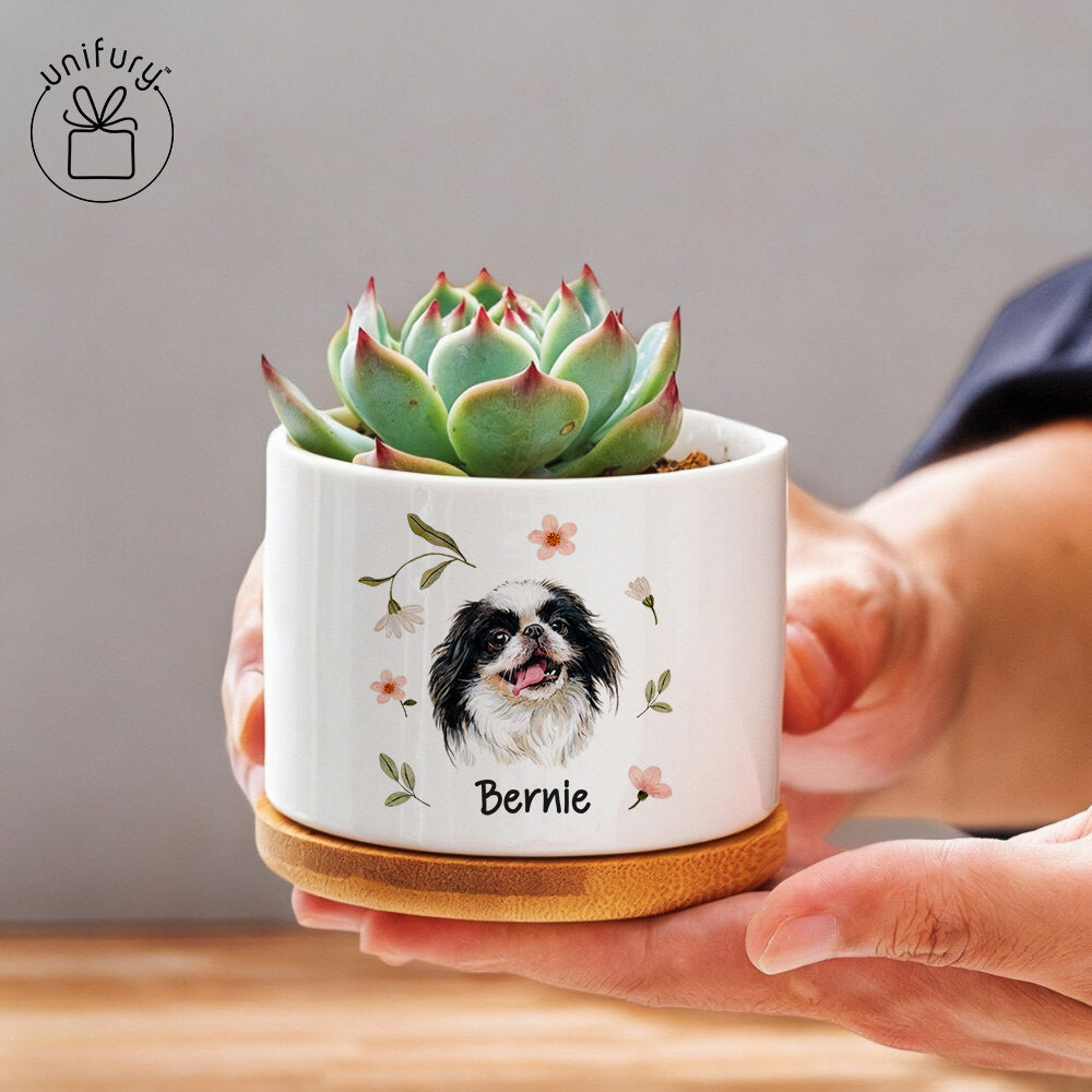 Custom Flower Pet Portrait Ceramic Plant Pot With Bamboo Tray - Custom Floral Photo Pots For Plants  - Gifts For Dog Cat Lovers