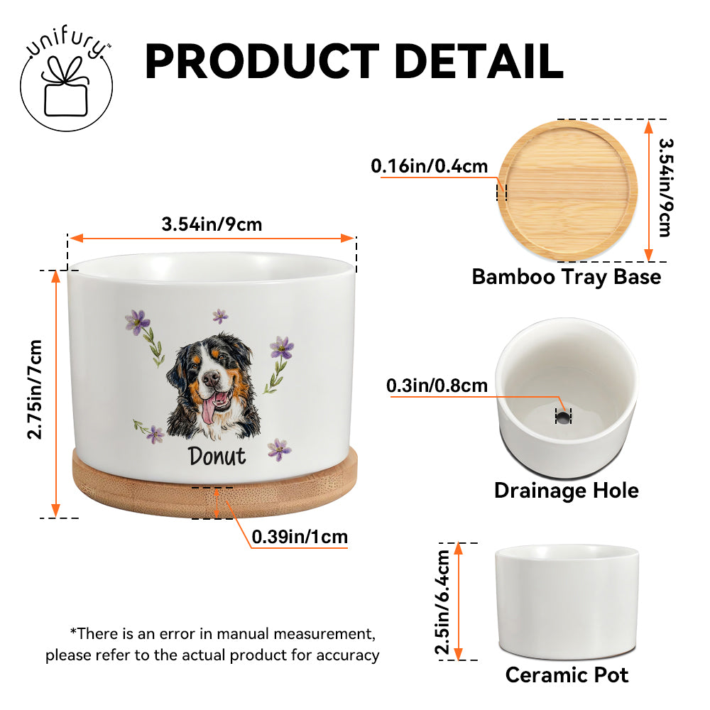 Custom Flower Pet Portrait Ceramic Plant Pot With Bamboo Tray - Custom Floral Photo Pots For Plants  - Gifts For Dog Cat Lovers