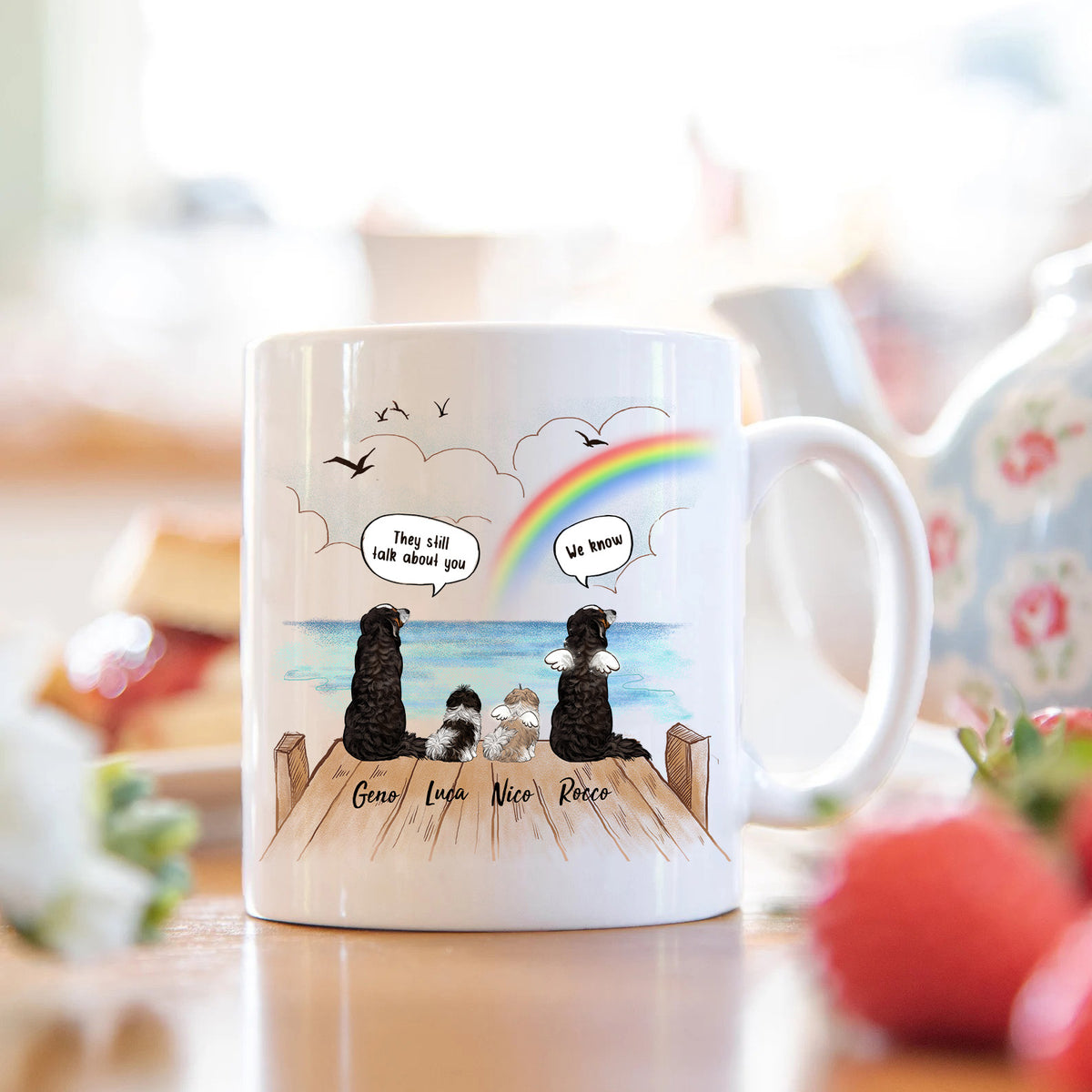 Pet Memorial Mug - Personalized Dog Memorial Gifts - Rainbow Bridge - They Still Talk About You Mug - Wooden Dock