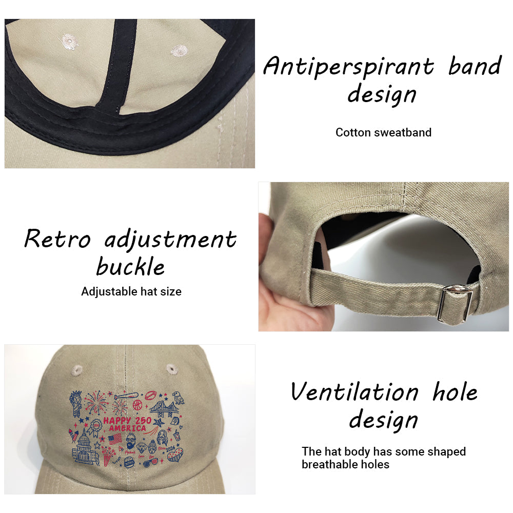 Custom 4th of July Line-art Drawing Wash Denim Hat - Gift For Family - Independence Day Gifts