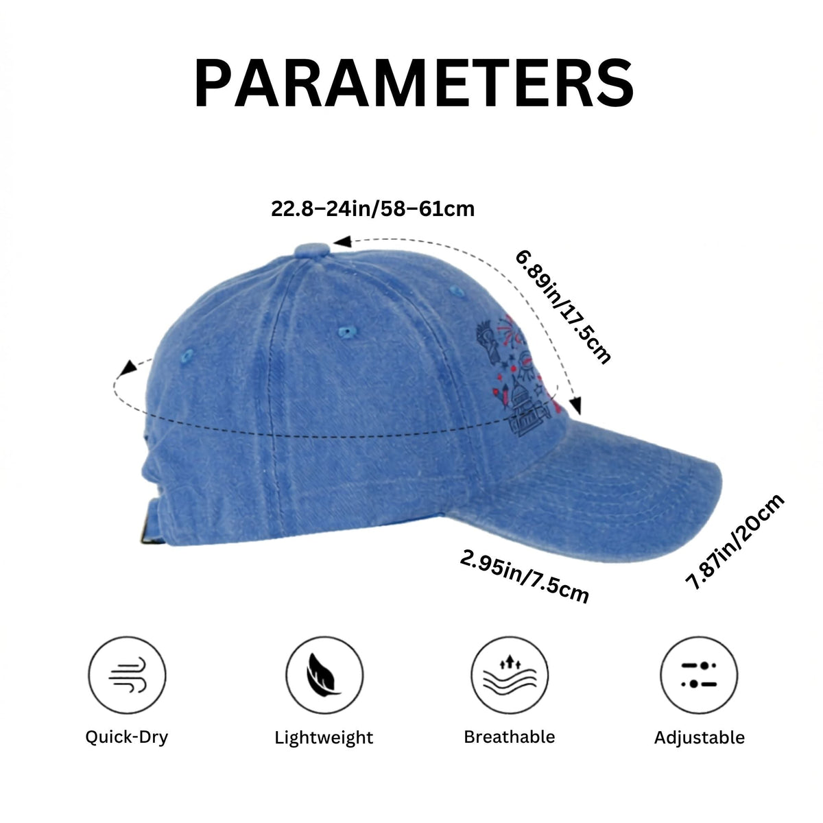 Custom 4th of July Line-art Drawing Wash Denim Hat - Gift For Family - Independence Day Gifts