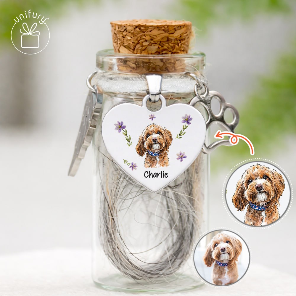 Custom Flower Pet Portrait Memorial Glass Pet Fur Jar - Custom Floral Photo Pet Hair Keepsake Bottle - Memorial Gifts For Pet Lovers