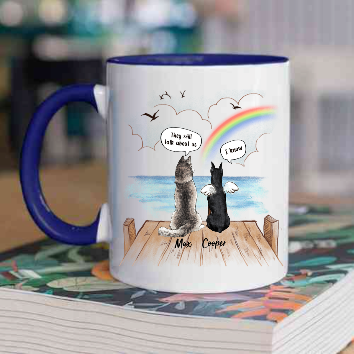 Personalized Dog Memorial Mug - Rainbow Bridge - They Still Talk About You - Wooden Dock - Gifts For Dog Owners -  Accent Mug