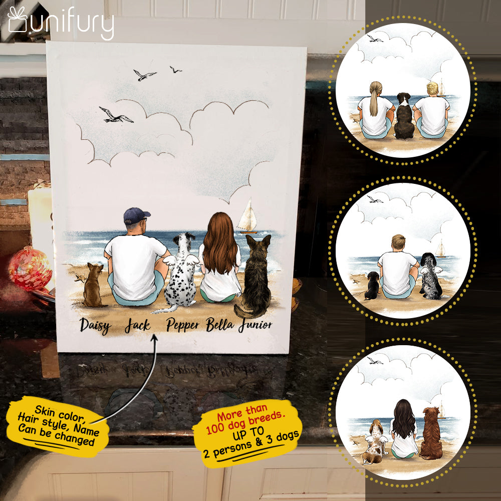 Personalised Dog And Owner Picture Pet Portrait - Beach  Custom Canvas Print -  Dog & Couple - Up To 9 People & Pets