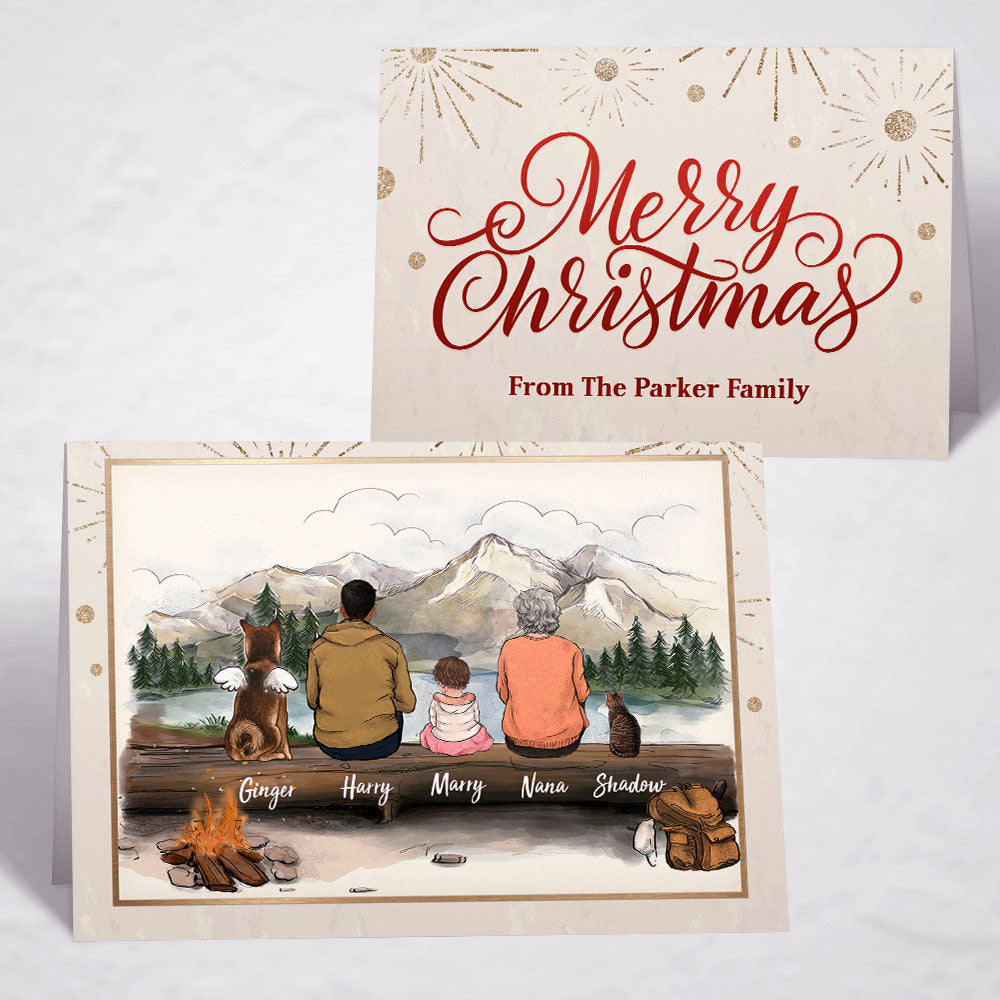 Printable Digital File For Folded Greeting Card - Personalized Christmas gift ideas with the whole family & dogs & cats - UP TO 5 - Merry Christmas - Hiking- Digital PNG Download