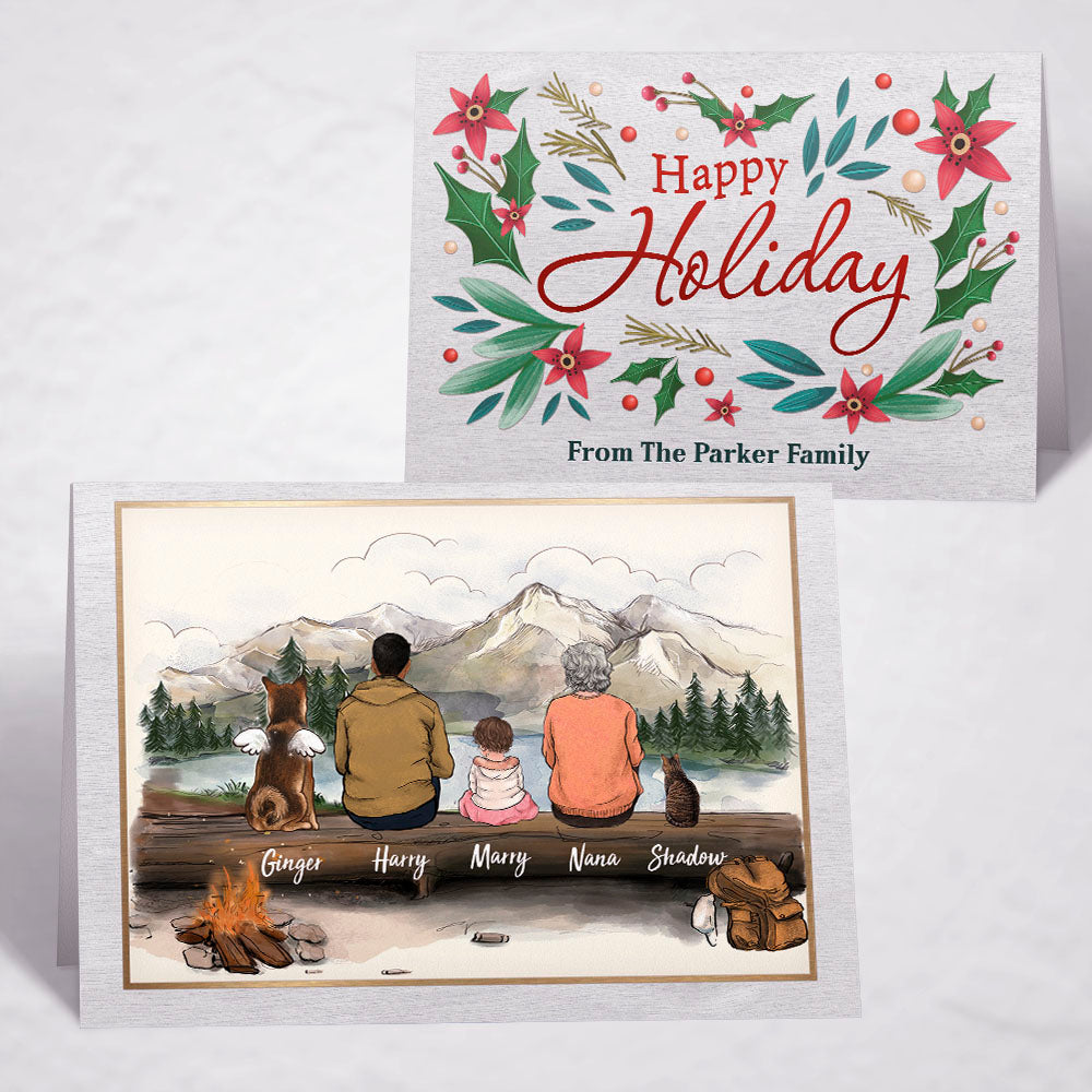 Printable Digital File For Folded Greeting Card - Personalized Christmas gift ideas with the whole family & dogs & cats - UP TO 5 - Happy Holiday - HIKING- Digital PNG Download
