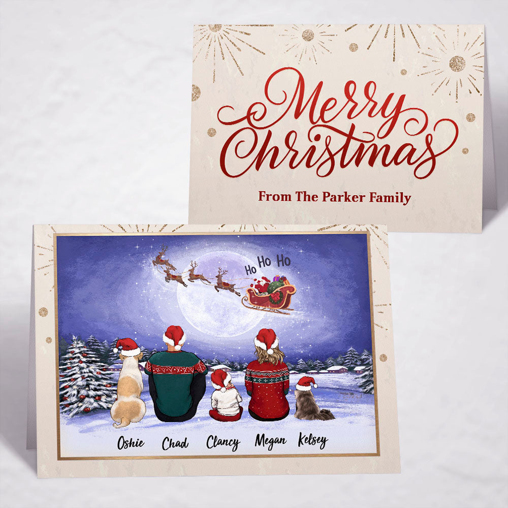 Printable Digital File For Folded Greeting Card - Personalized Christmas gift ideas with the whole family & dogs & cats - UP TO 5 - Merry Christmas - Santa Ho Ho Ho- Digital PNG Download