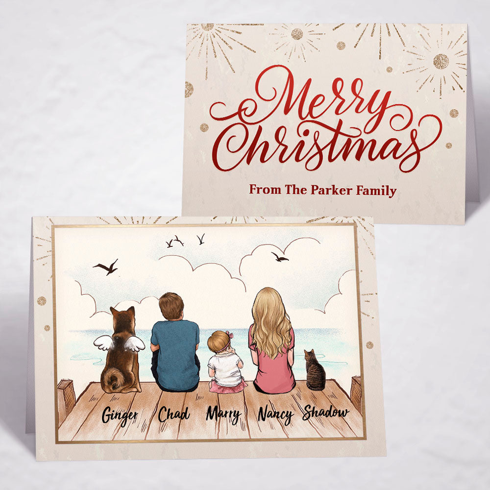 Printable Digital File For Folded Greeting Card - Personalized Christmas gift ideas with the whole family & dogs & cats - UP TO 5 - Merry Christmas - Wooden Dock - Digital PNG Download