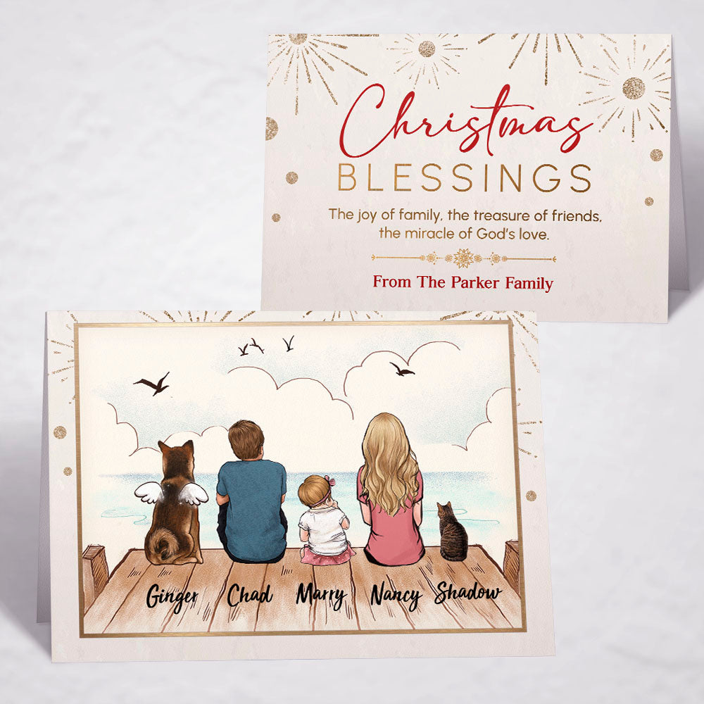 Printable Digital File For Folded Greeting Card - Personalized Christmas gift ideas with the whole family & dogs & cats - UP TO 5 - Christmas Blessings - Wooden Dock - Digital PNG Download