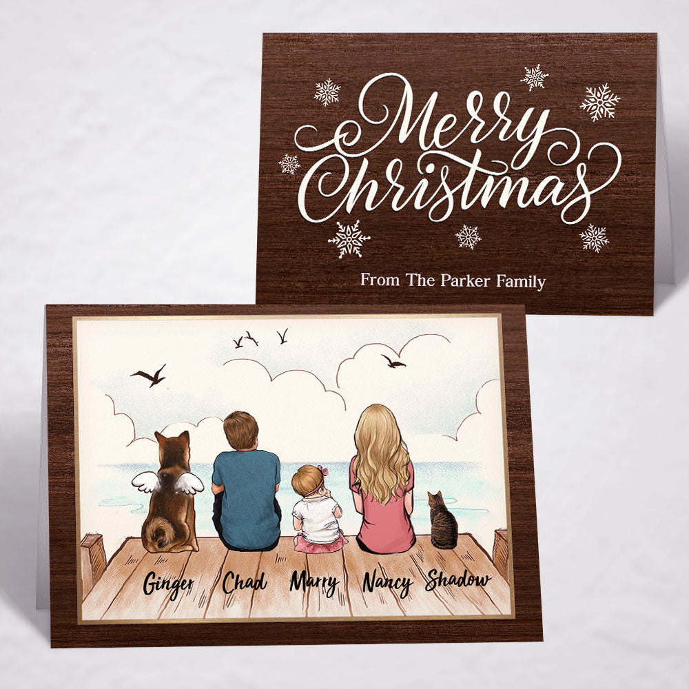 Printable Digital File For Folded Greeting Card - Personalized Christmas gift ideas with the whole family & dogs & cats - UP TO 5 - Merry Christmas - Wooden Dock - Digital PNG Download