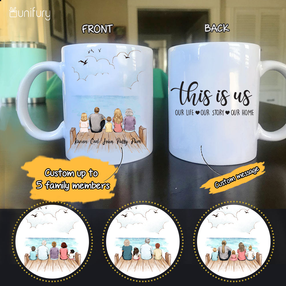 Personalized gifts for the whole family Coffee Mug - UP TO 5 PEOPLE - CUSTOM MESSAGE - Wooden dock - 2426