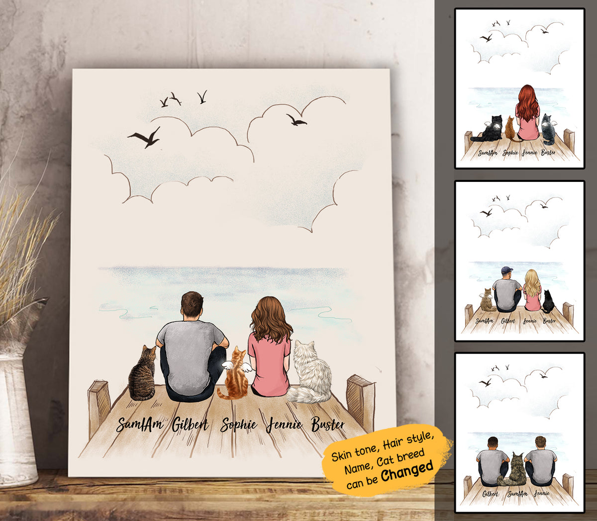 cat canvas art - wooden dock