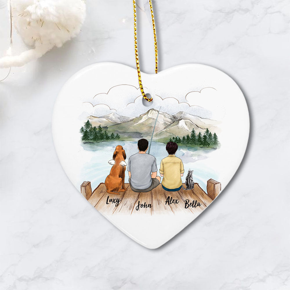 Personalized Family Ornament With Dog & Cat - Custom Ceramic Ornament - Personalized Gifts, Christmas Gifts For Family, Dog Cat Lovers, Fishing Lovers