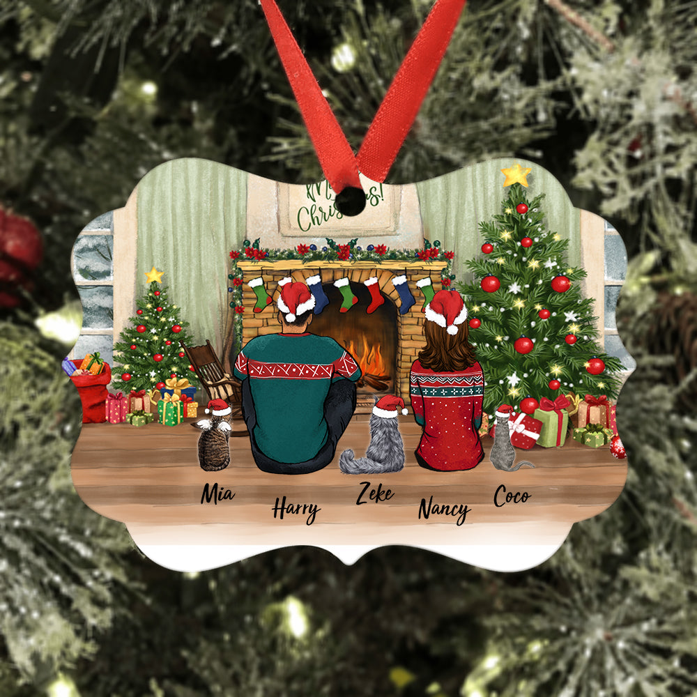 Personalized Christmas Medallion Metal Ornament gifts for cat lovers - CAT & COUPLE