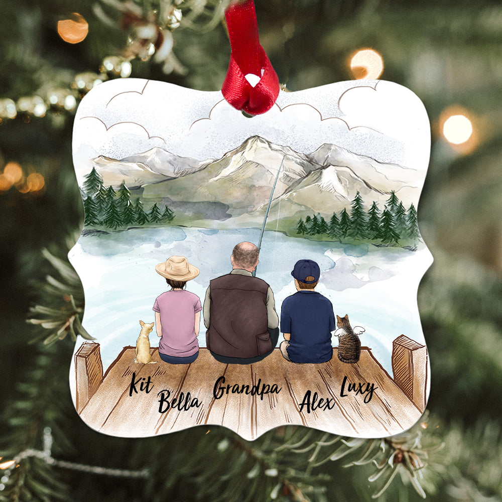 Personalized Christmas Square Metal Ornament gifts for the whole family & dog & cat - UP TO 5 PEOPLE & PETS - Fishing