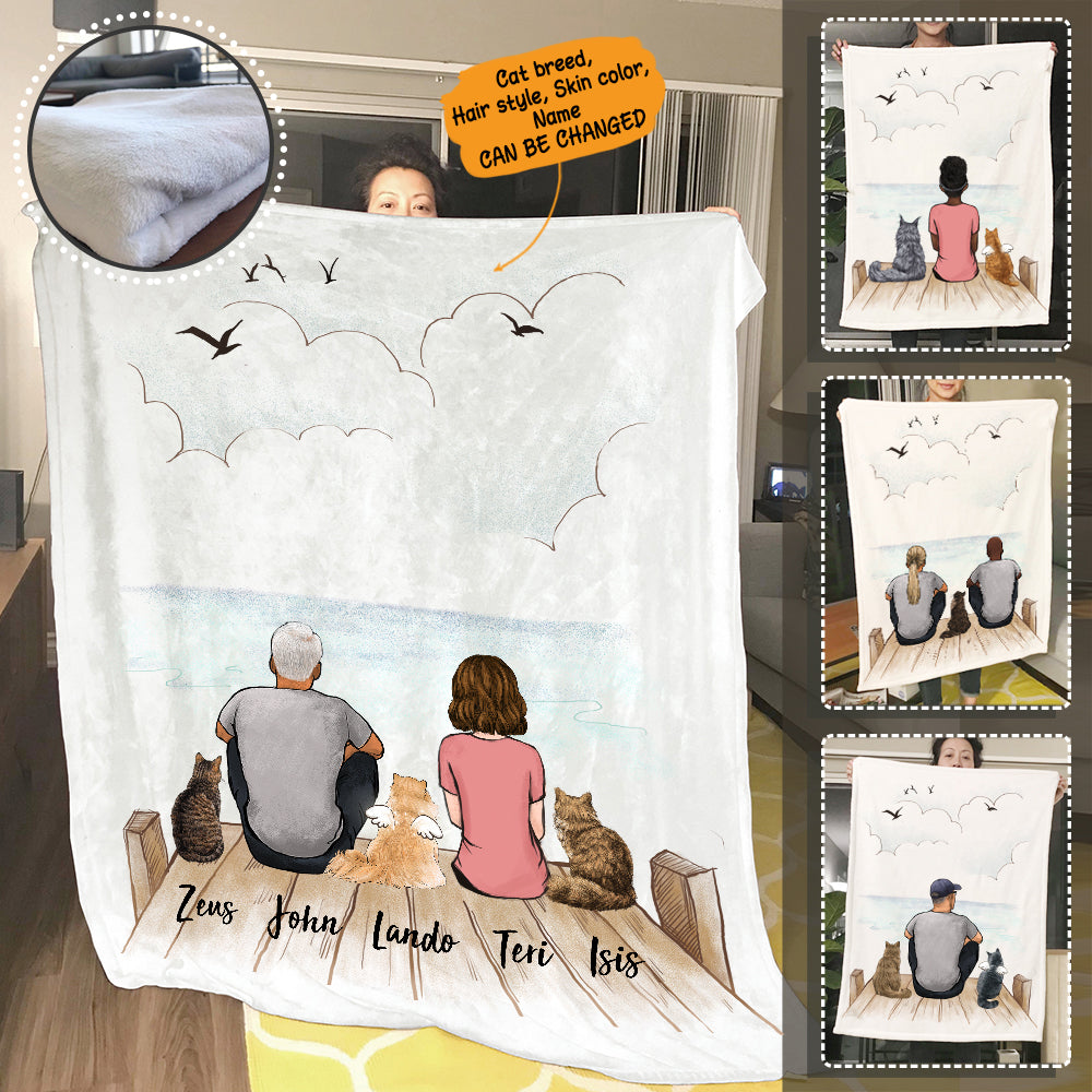 Personalized custom cat & couple fleece blanket - Wooden Dock - 2408